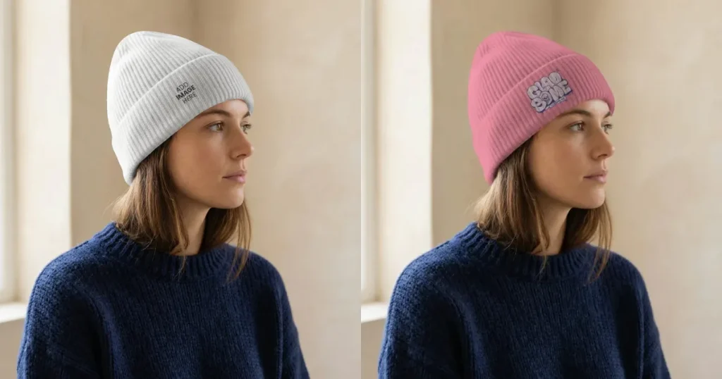 Young Woman in a Sweater and Beanie Mockup
