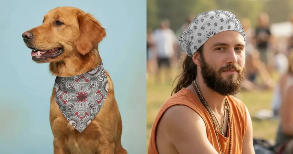 Side-by-side image of pet bandana mockup with man bandana mockup