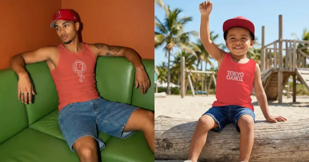 Red tank top mockups in indoor and outdoor settings