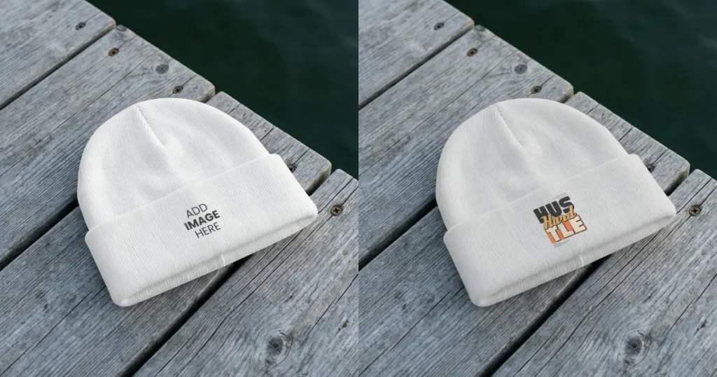 White Beanie Mockup on Rustic Wooden Dock