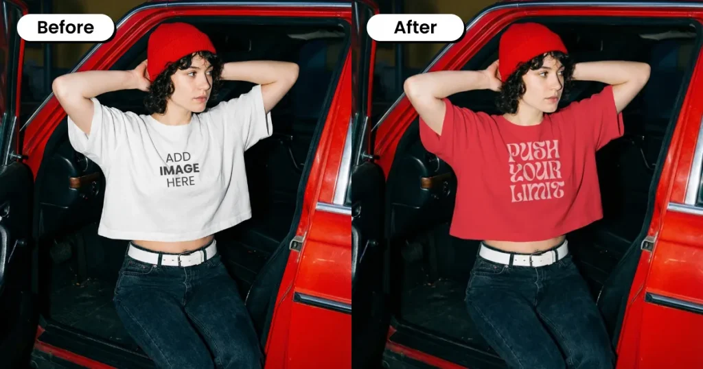 Woman posing against a vintage red car