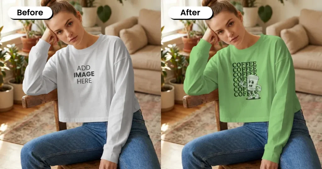 Woman posing indoors wearing a crop top mockup