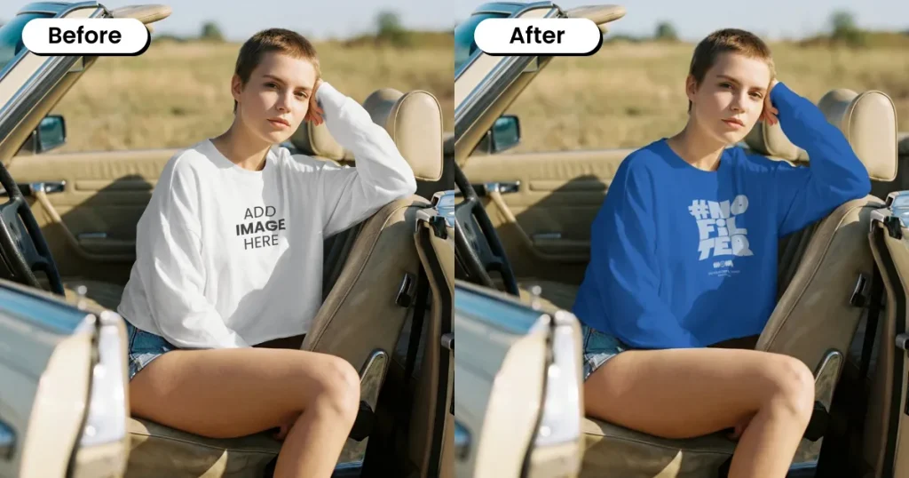 Woman posing inside her vintage car, wearing a long-sleeve crop top