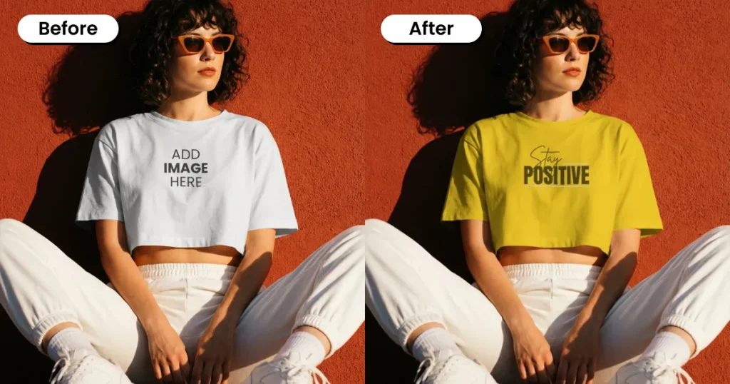 Woman sitting against an orange-painted wall wearing a crop top