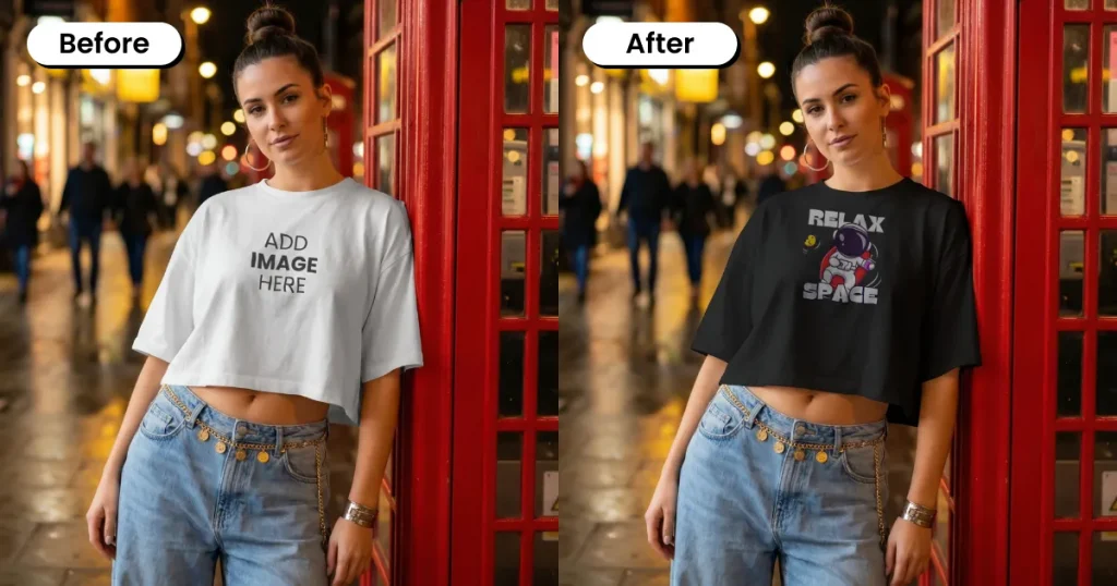 Women wearing a crop top mockup standing against a payphone