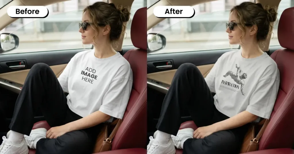 Woman wearing a white crop top inside a car