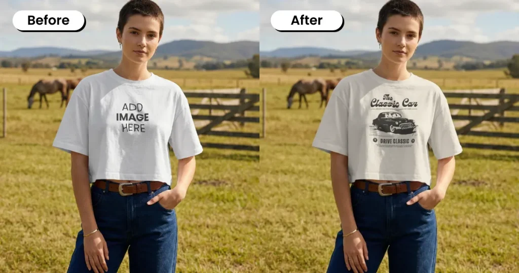 Woman wearing a white crop top mockup against a lush pastoral ground