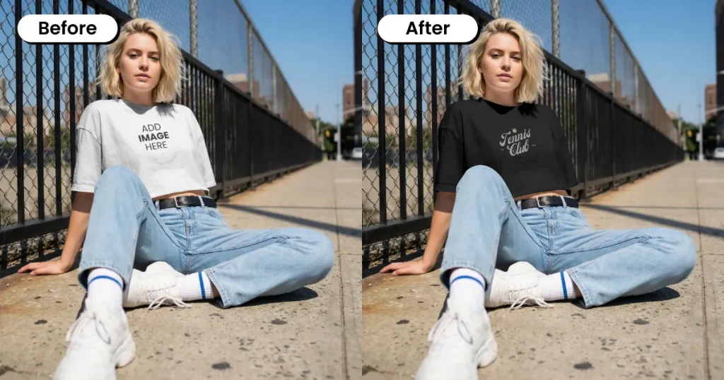 Women posing outside wearing a black crop top mockup