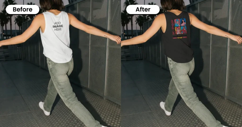 Women walking on a metal walkway wearing a tank top mockup