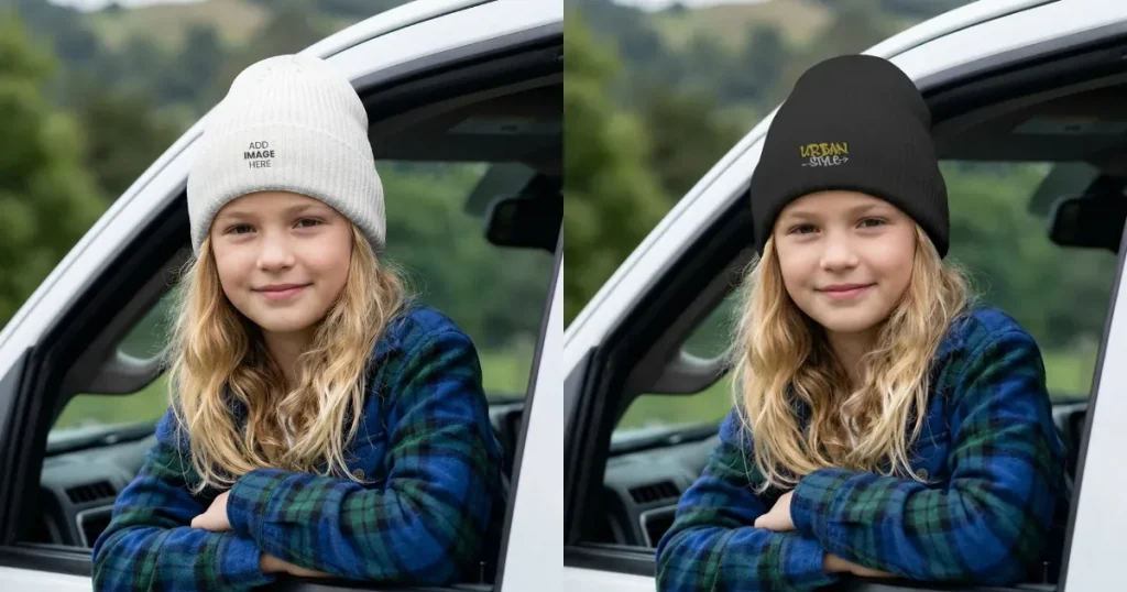 Young Girl Smiling from Vehicle Wearing a Black Beanie Mockup