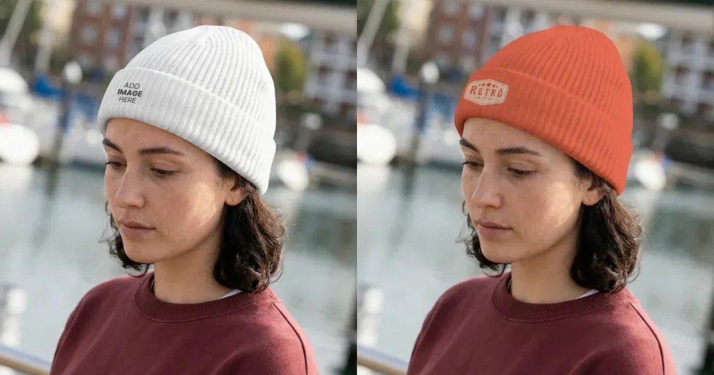 Young Woman in a Beanie Mockup at Marina