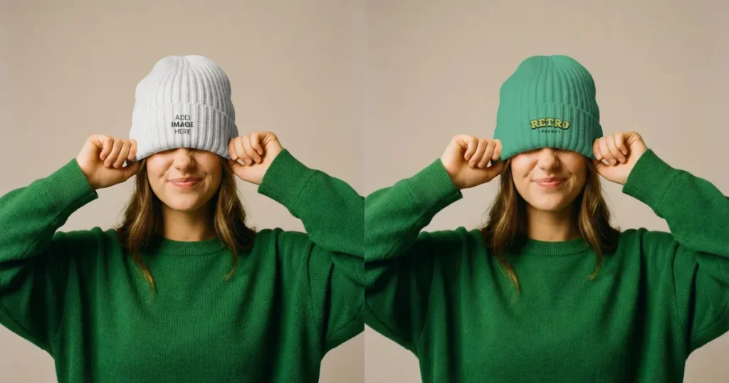 Young Woman in Cozy Beanie Mockup Scene