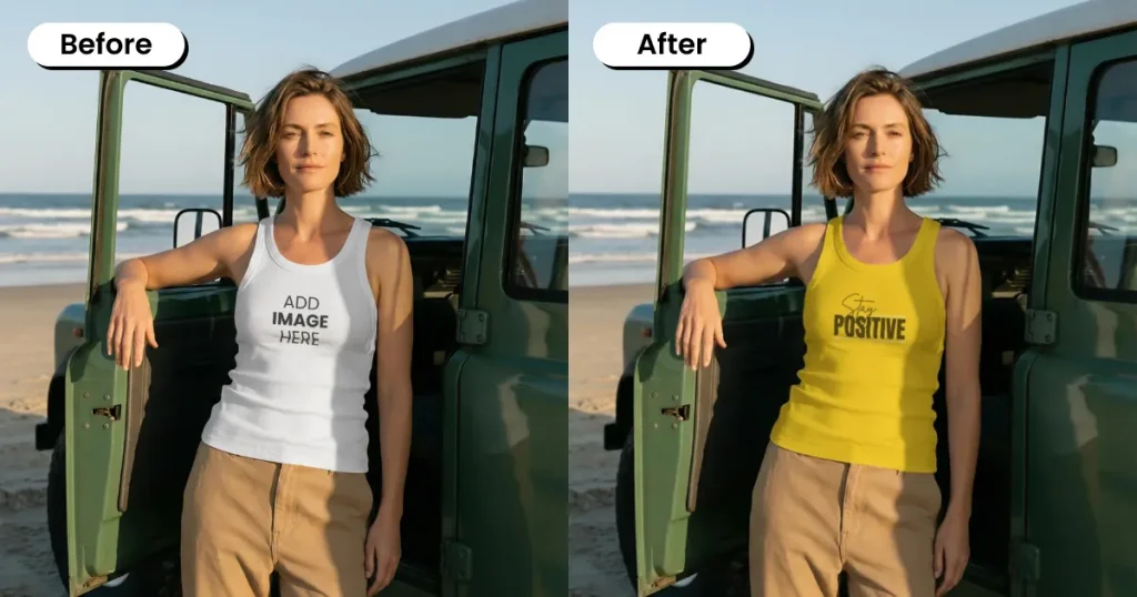 A young woman standing on a beach wearing a tank top