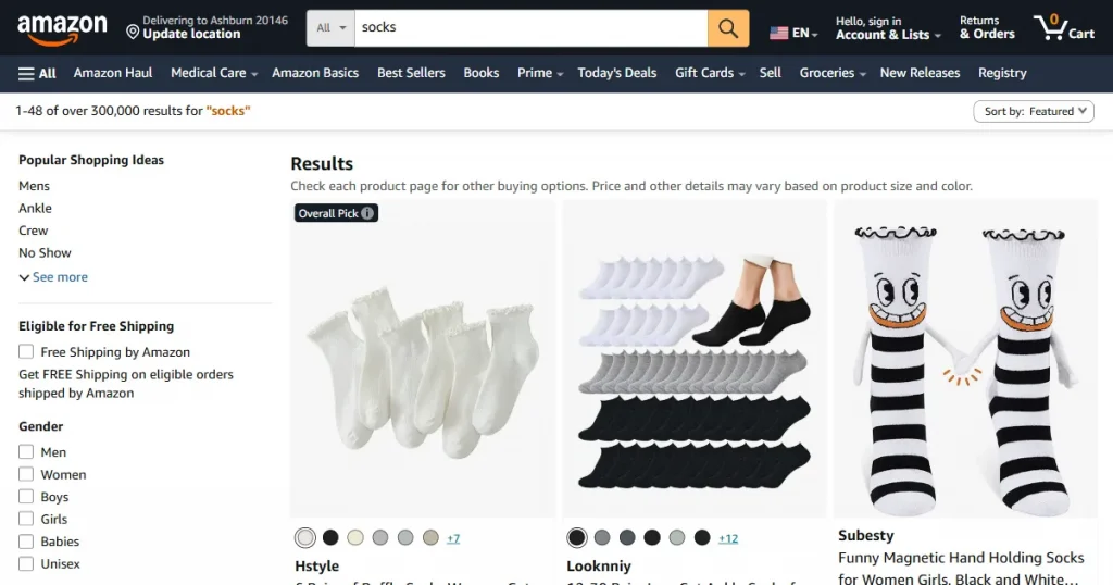 Amazon socks store listings
