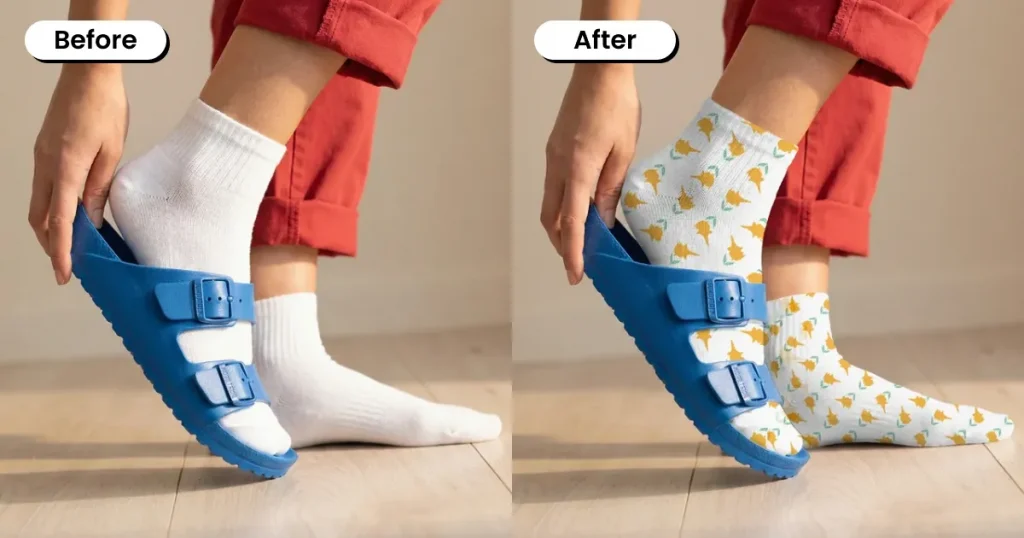 Socks mockup template while wearing shoes