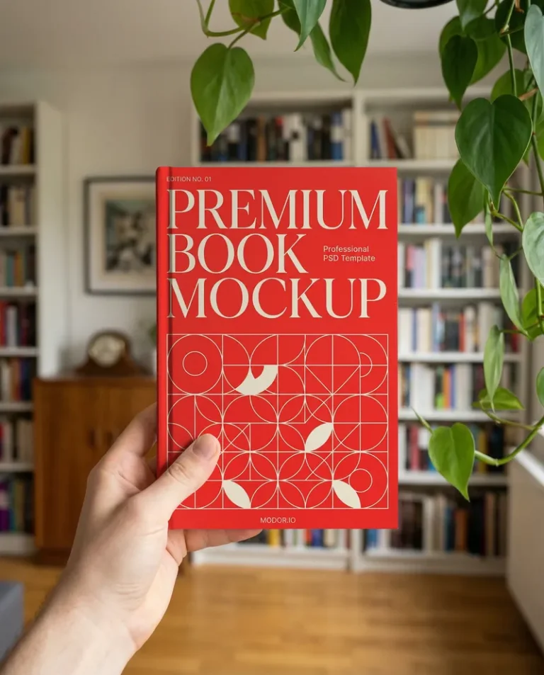 Book Mockup Held in Front of Bookshelf