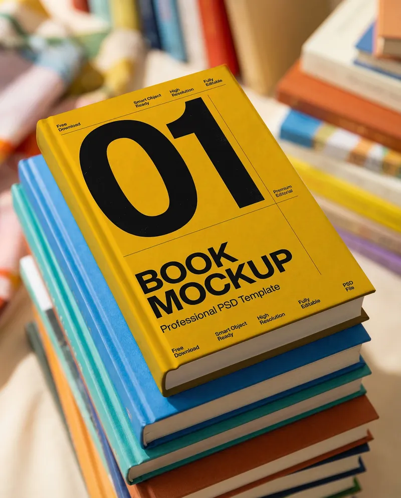Book Mockup on Colorful Book Stack