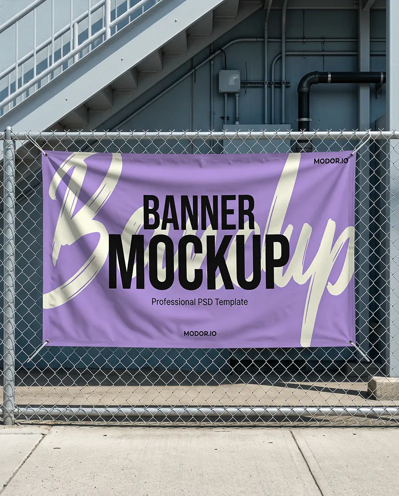 Chain Link Fence Banner Mockup with Industrial Staircase