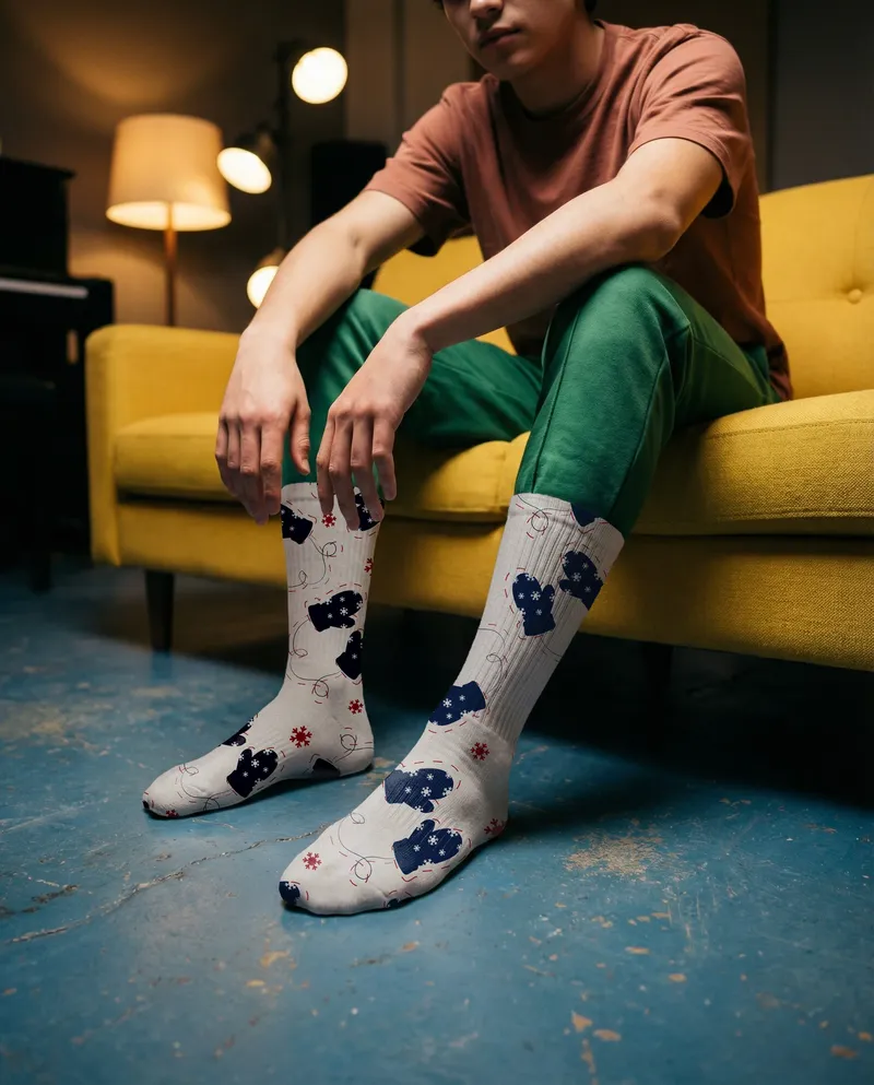 Cozy Crew Socks Mockup on Yellow Sofa