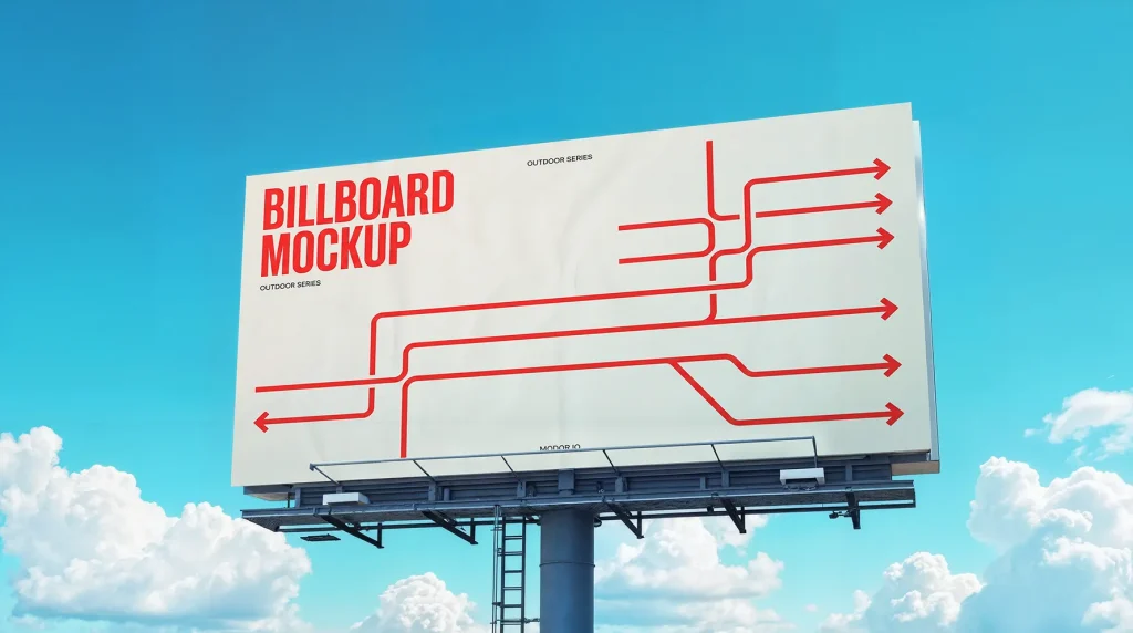 Elevated Monopole Billboard Mockup Against Blue Sky