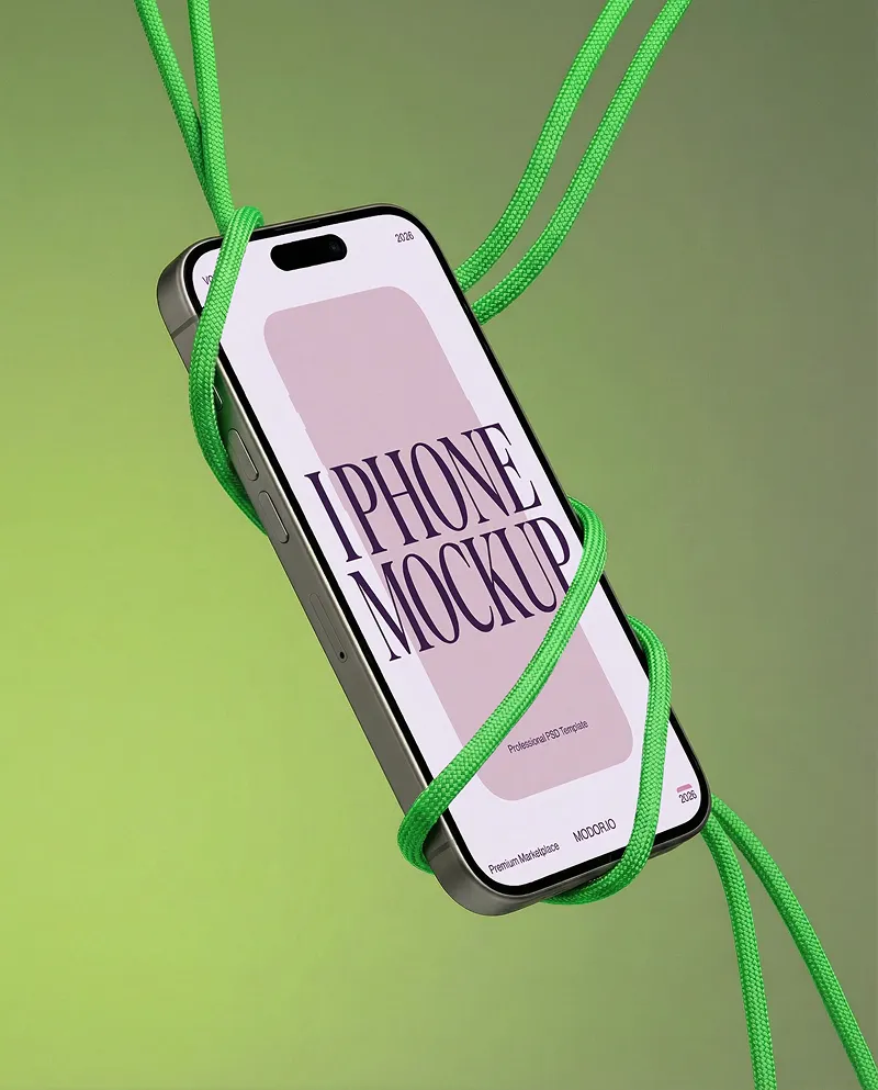 Floating iPhone Mockup Wrapped in Green Cord