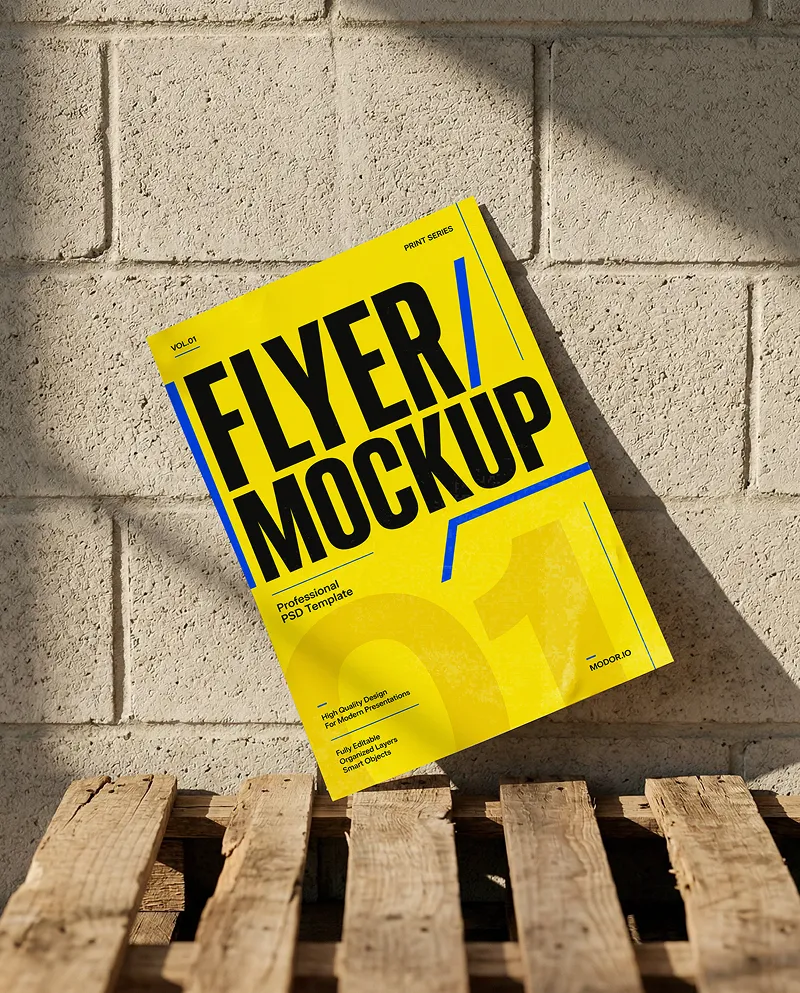 Flyer Mockup on Wooden Pallet Against Concrete Wall