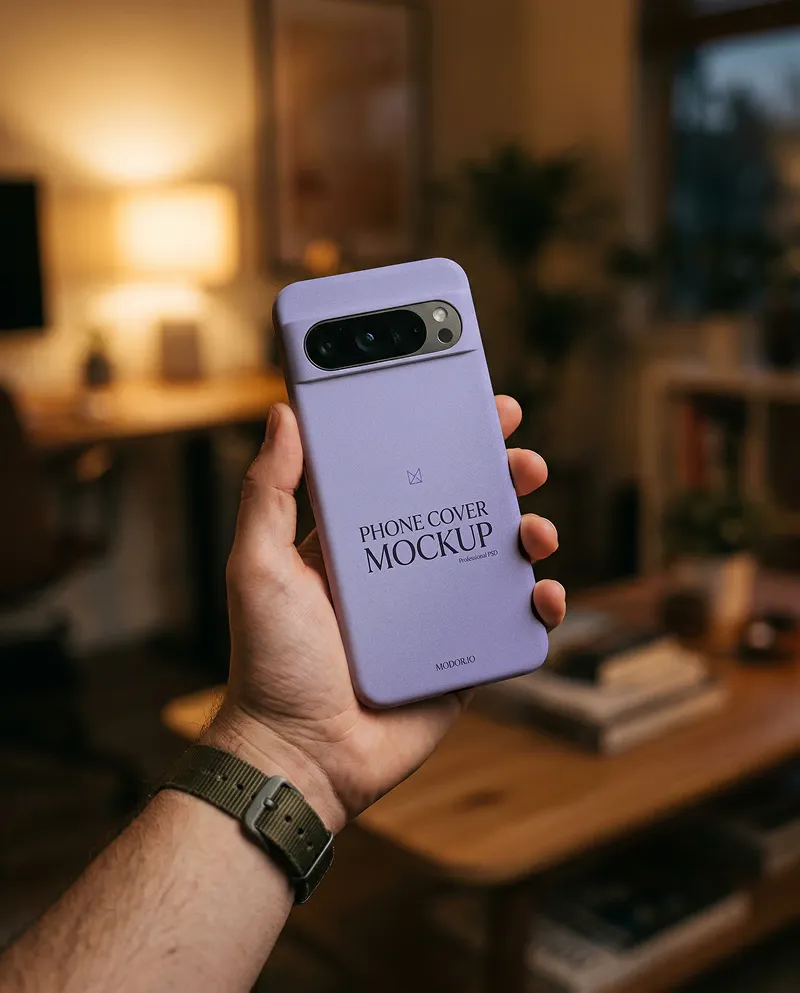 Hand Held Pixel Phone Case Mockup in Cozy Living Space