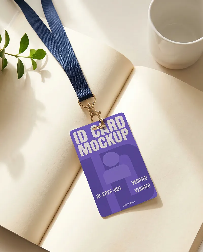 ID Card Mockup with Notebook and Coffee Cup