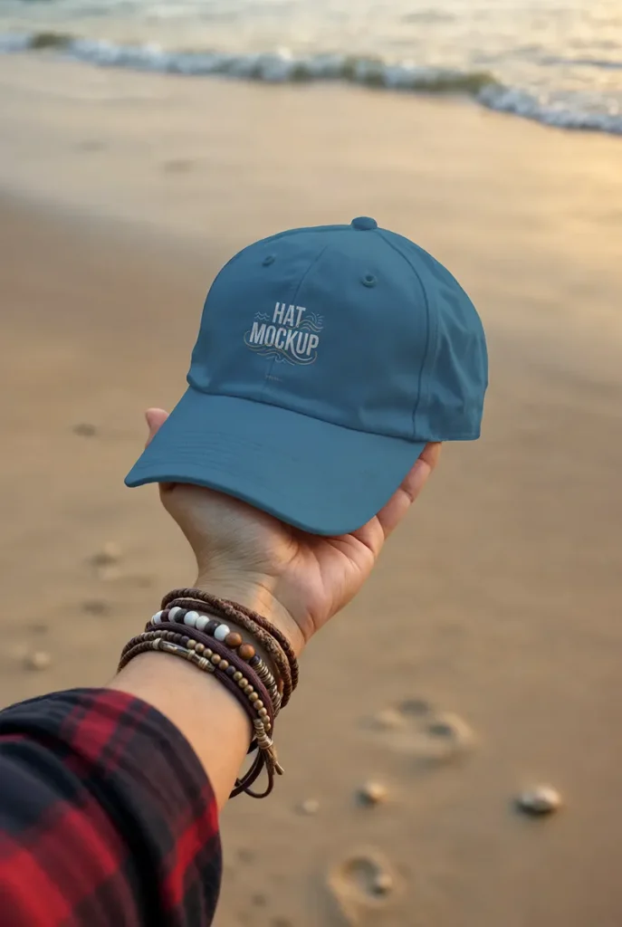 Lifestyle Hat Mockup with Sandy Shoreline Backdrop
