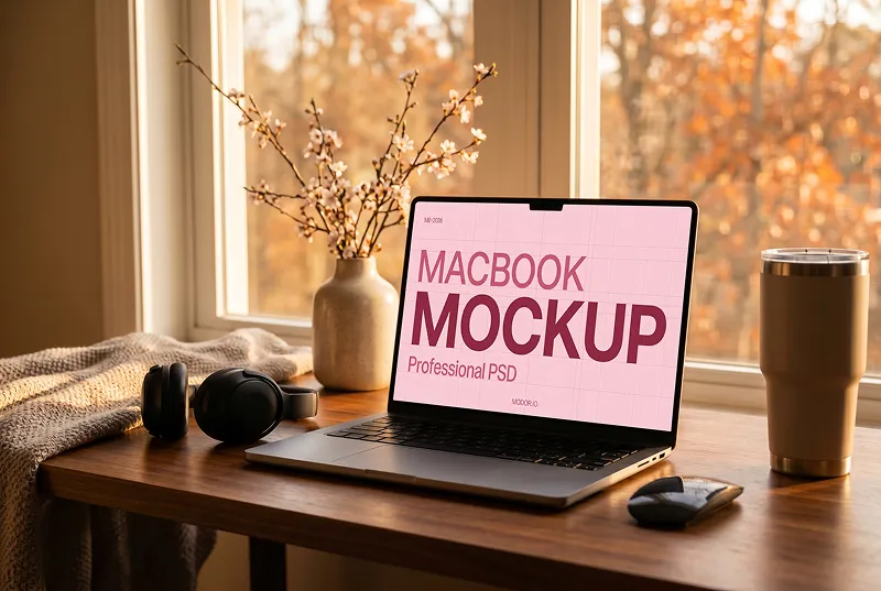 MacBook Mockup in Cozy Autumn Workspace