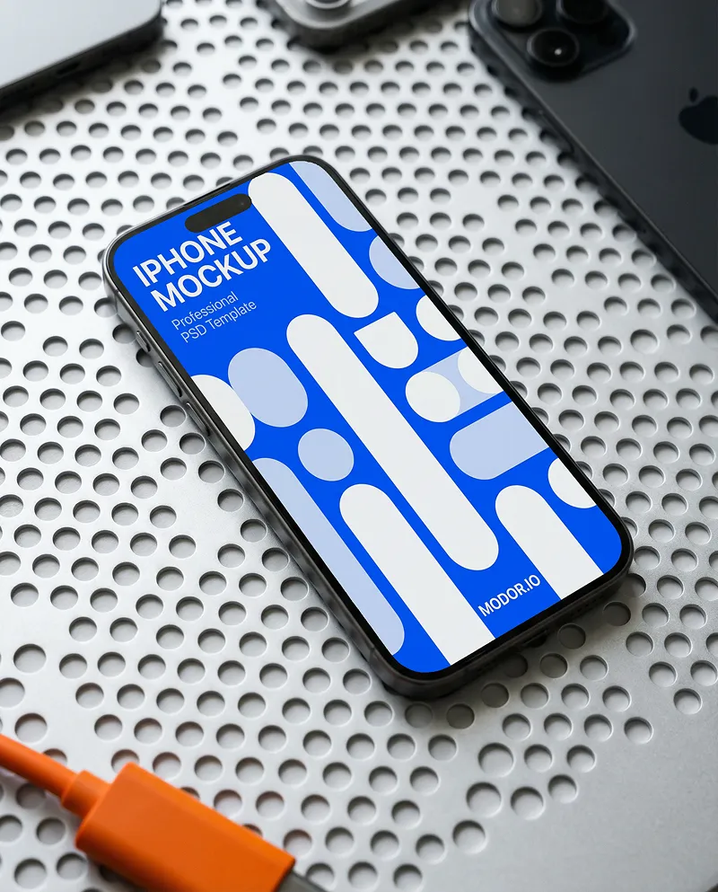Premium iPhone Mockup on Metal Workstation