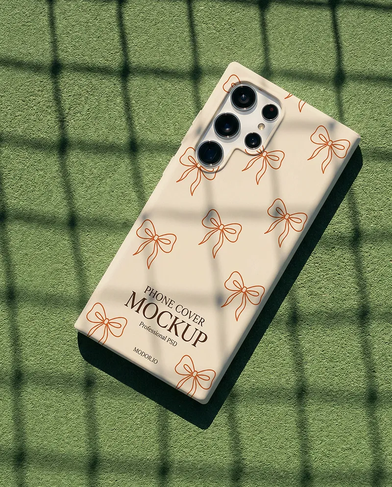 Samsung Phone Case Mockup with Sunlit Grid Shadows