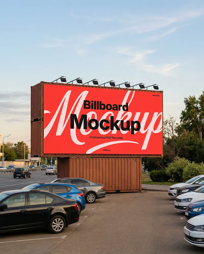 Shipping Container Billboard Mockup in Parking Lot