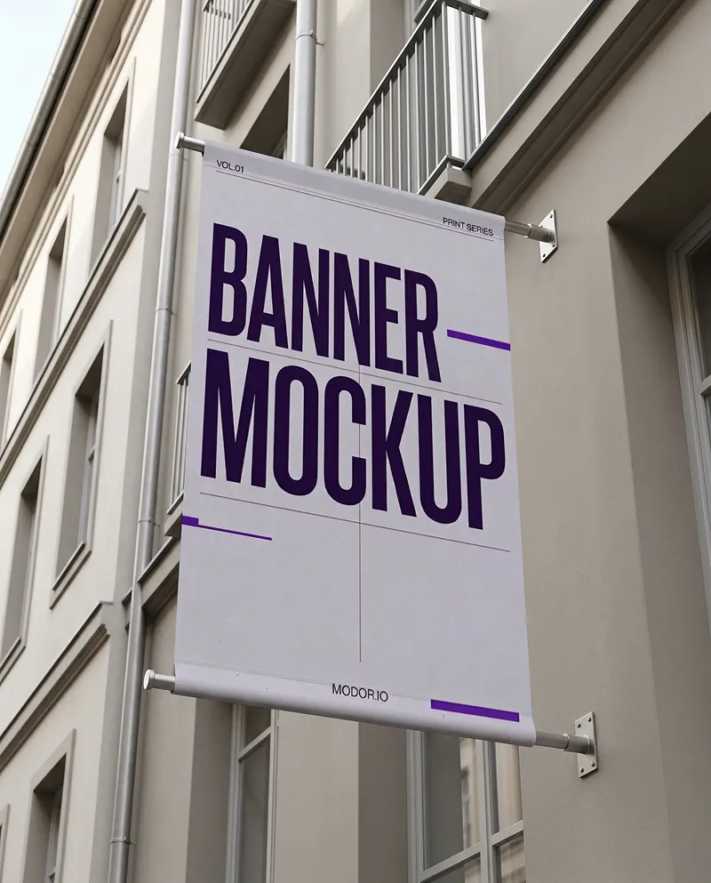 Vertical Street Banner Mockup on Building Facade