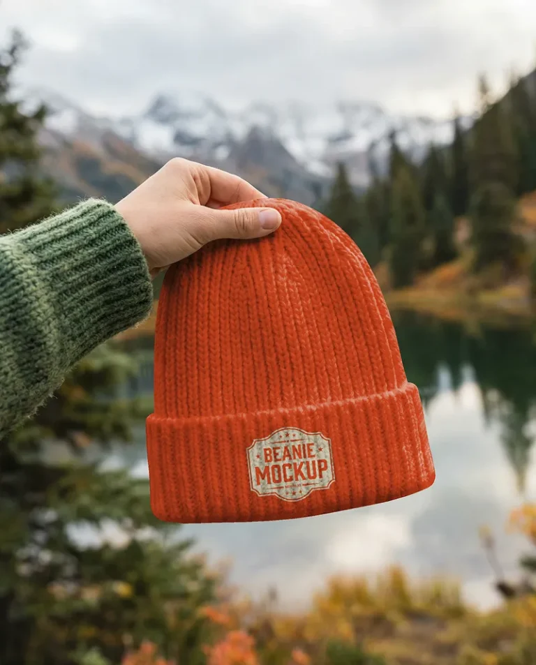 Wool Knit Beanie Mockup Held Above Mountain Lake