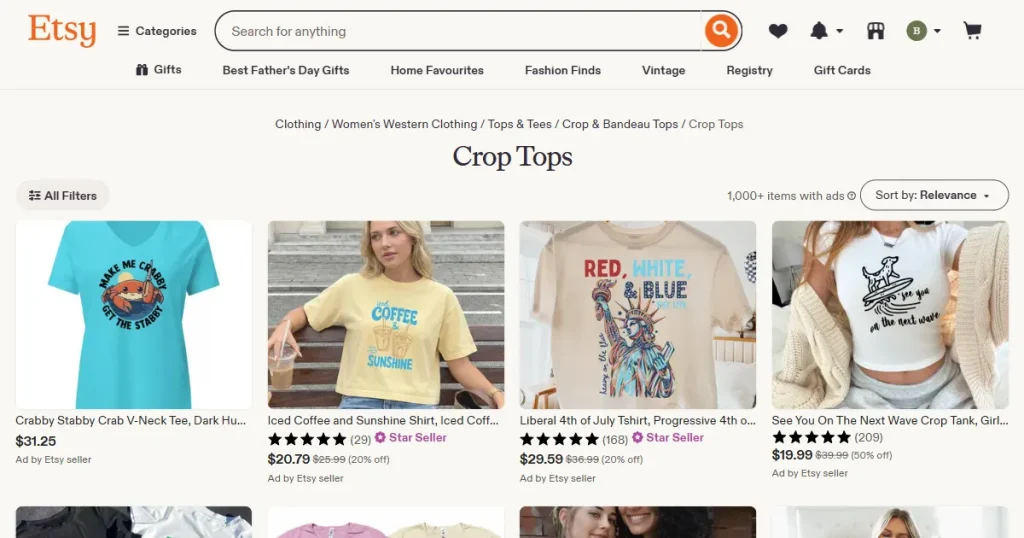 Etsy crop tops page