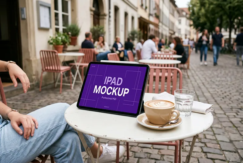 iPad Mockup in Cobblestone Street Cafe Scene