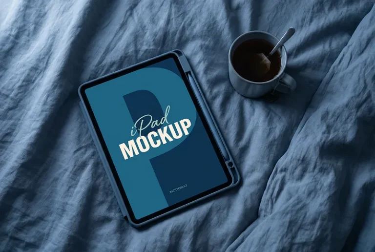iPad Mockup on Soft Bed Linens with Stylus Case