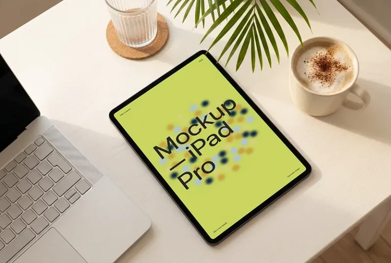 iPad Mockup with Coffee and Palm Leaf Decor