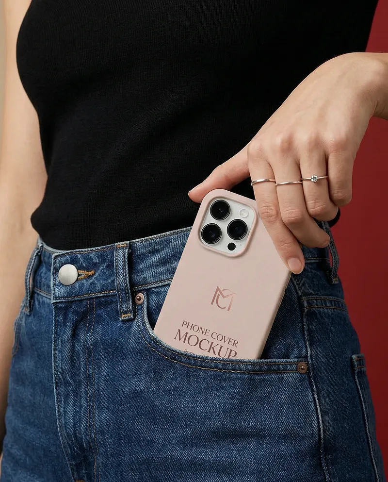 iPhone Case Mockup in Jeans Pocket with Red Backdrop