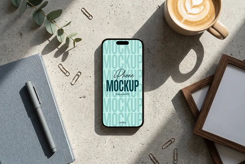 iPhone Mockup with Latte and Notebook Accents