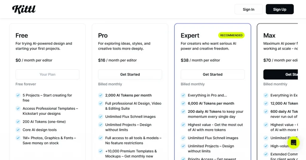 Kittl pricing page
