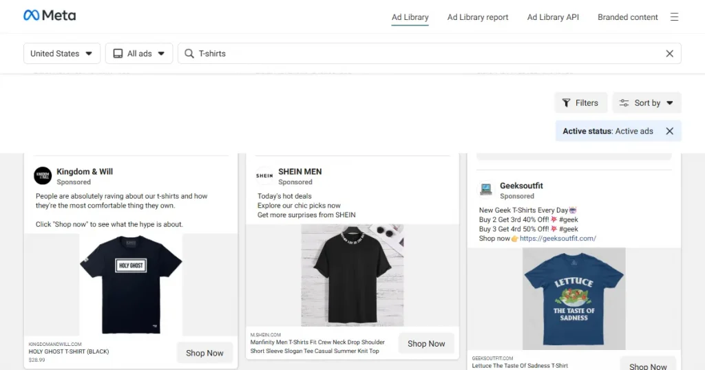 Meta Ads library T-shirts ads