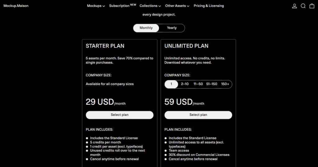 Mockup Maison pricing page