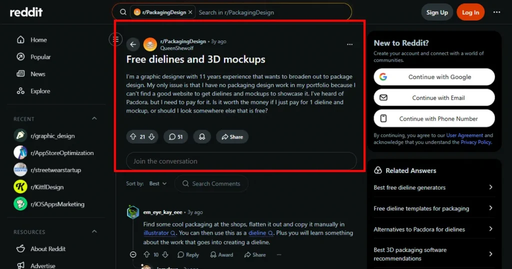 Reddit comment about Pacdora dieline and 3D mockups