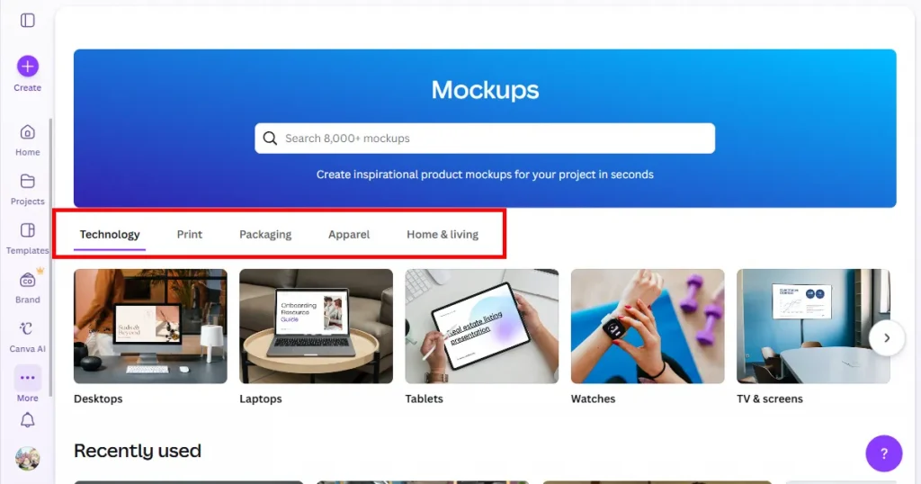 Canva category selection