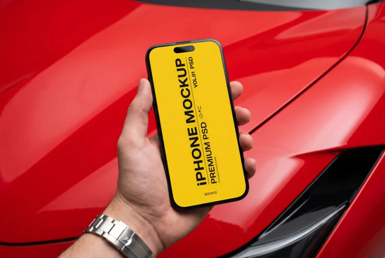 Handheld iPhone Mockup with Sports Car