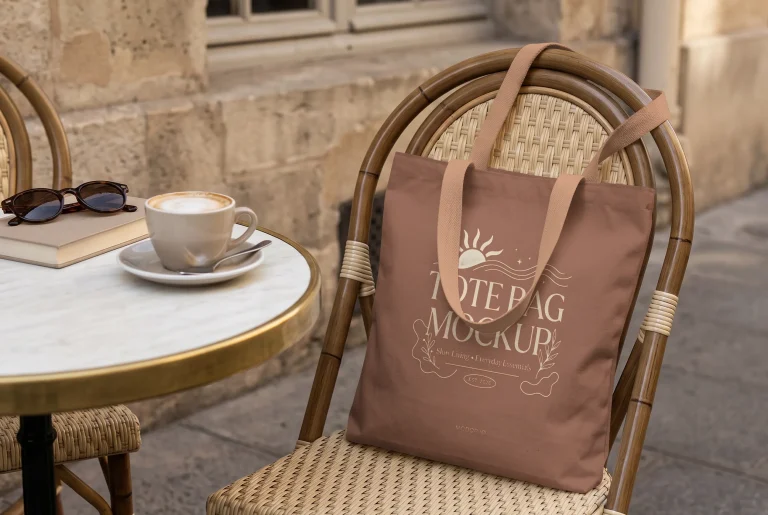 Tote Bag Mockup on Cafe Chair with Coffee Table