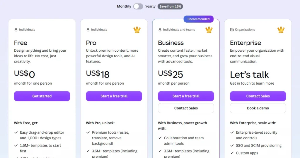 Canva pricing page