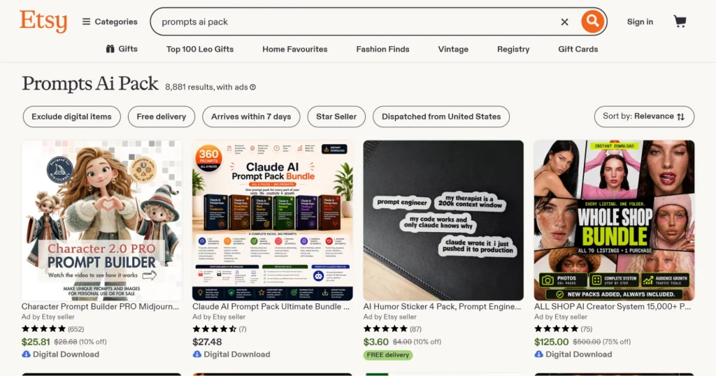 Etsy AI prompts page